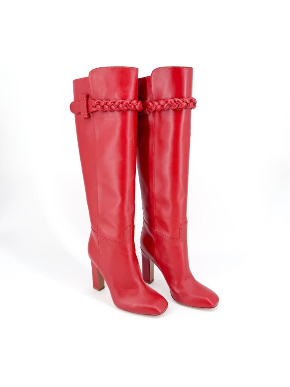 Valentino Red Leather Braided Knee High Boots Block Heel Size 37 US 7 Women's
